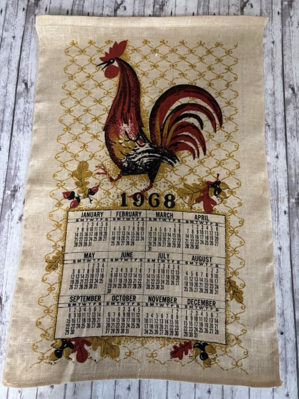 1968 Vintage MCM Linen Calendar Tea Towel Wall Hanging ROOSTER Chicken